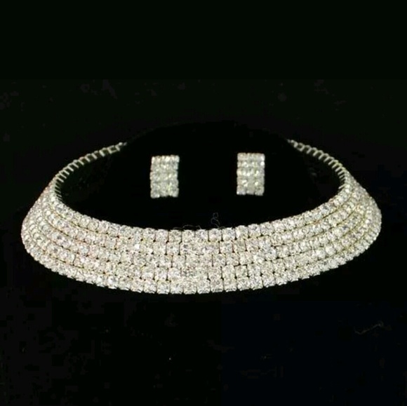5 Row Australian Rhinestone Choker Necklace Set - Picture 1 of 7