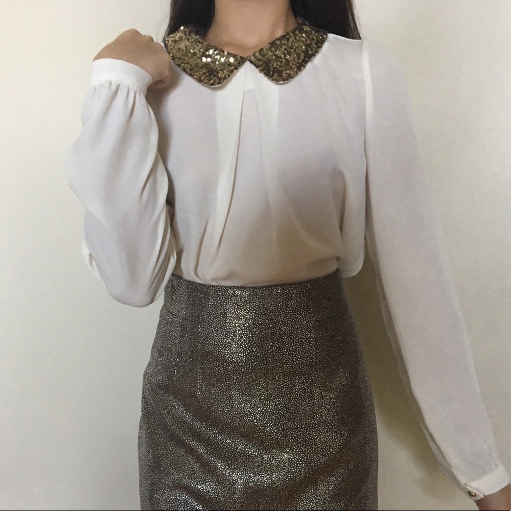*NEW* White Sequin Collared Blouse
