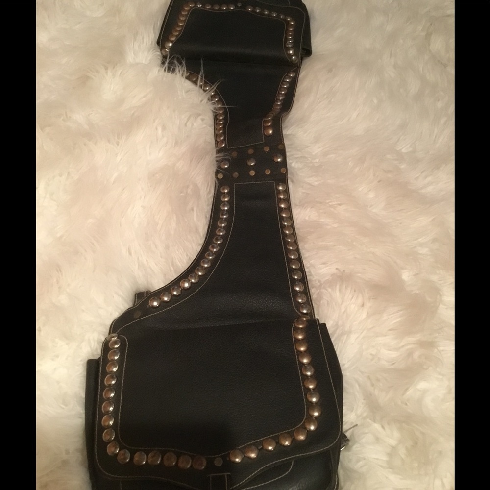 Black leather silver studded motorcycle saddlebags