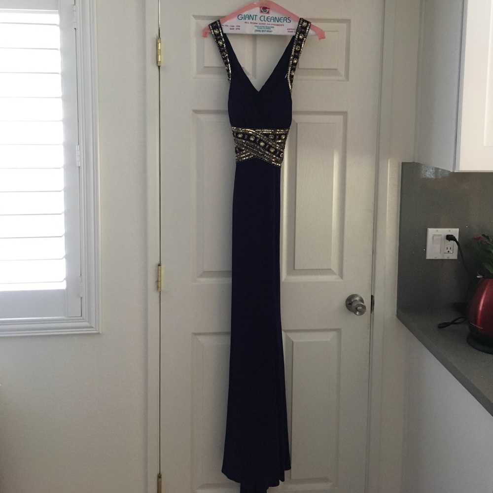 Purple crepe evening gown with gold accents!
