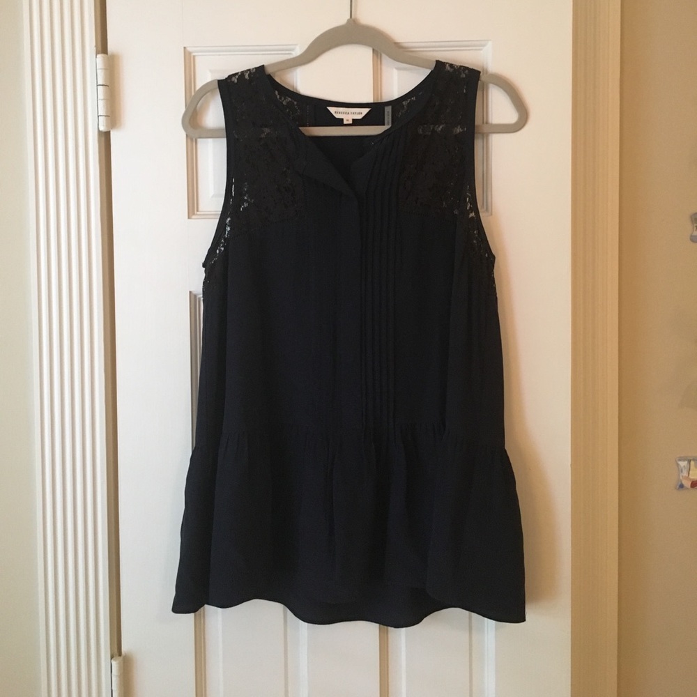 Rebecca Taylor navy top with lace shoulders
