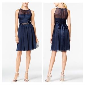 Adriana Papell Belted Chiffon Halter Dress