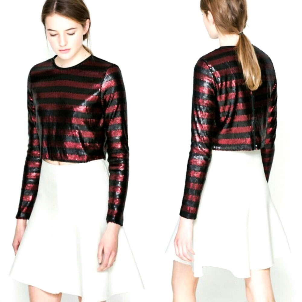 Zara Sequin Stripe Color Block Crop Top Red Black - image 1