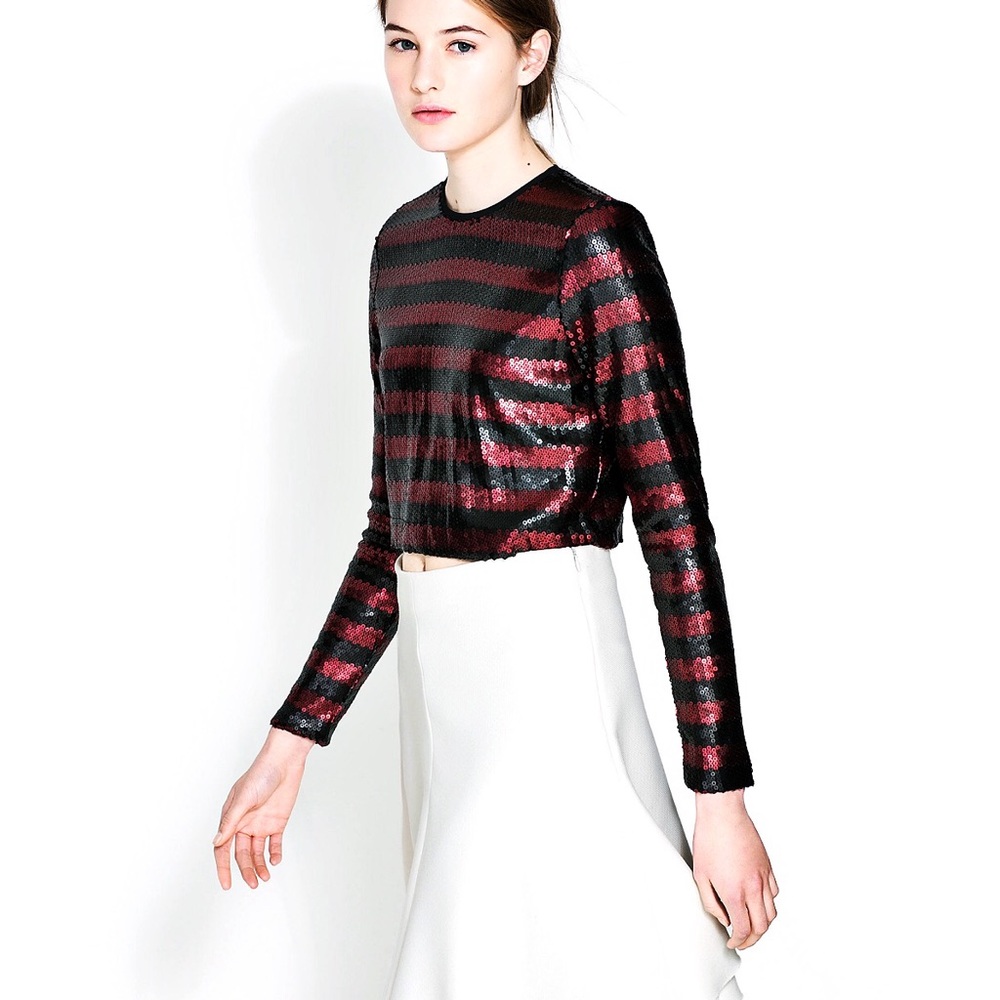 Zara Sequin Stripe Color Block Crop Top Red Black - image 3