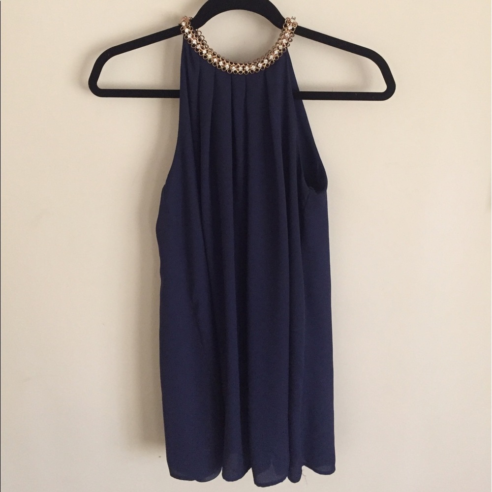 Navy high neck shift dress with jeweled collar