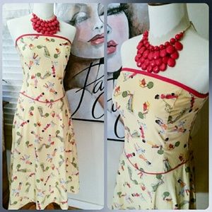 Vintage Ladies Walking Dogs Print Dress