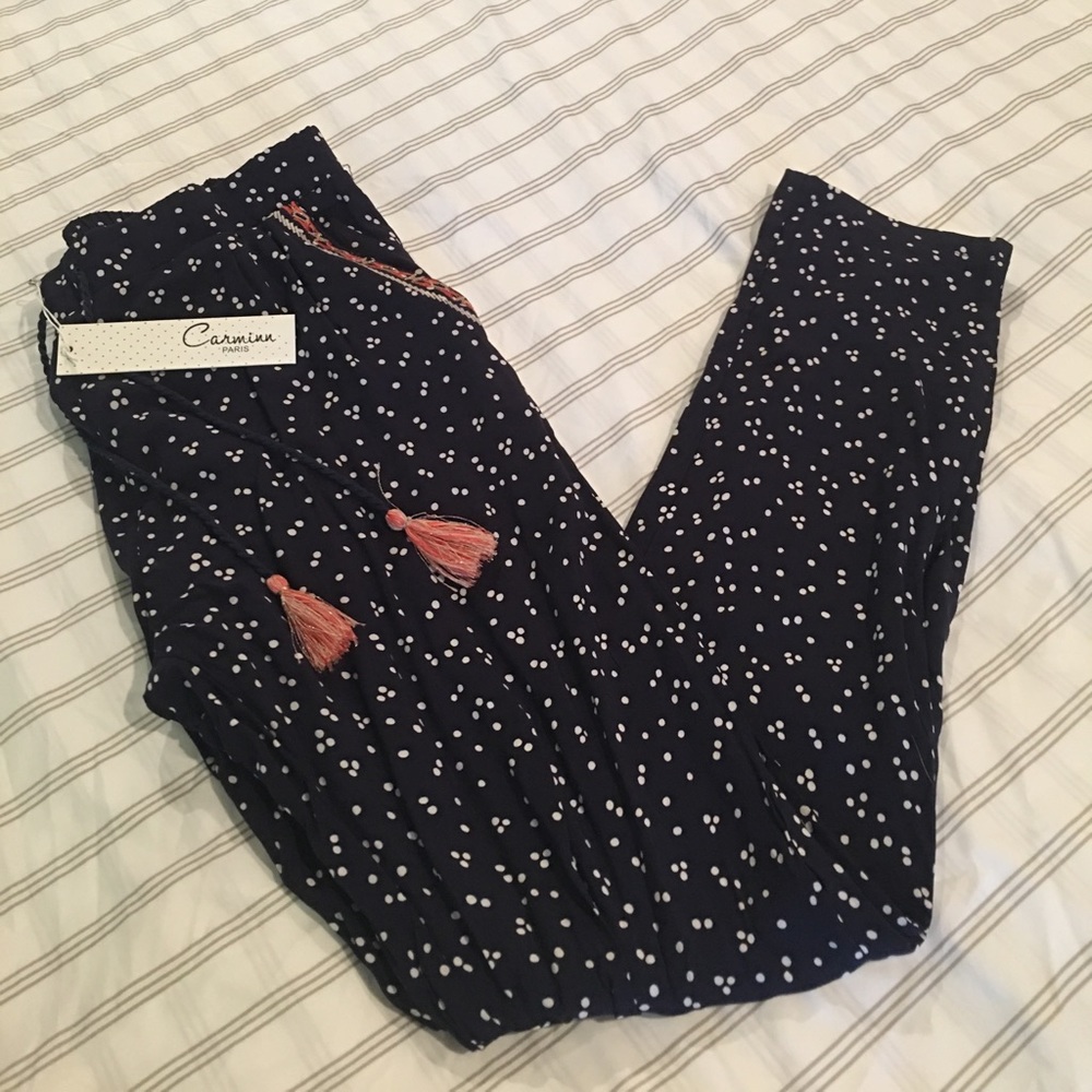 Navy blue dotted pants with adorable trim