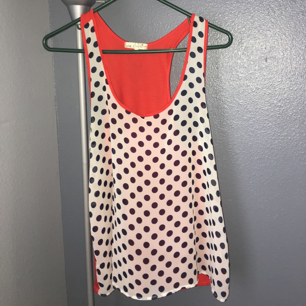 Orange, white, and blue polka dot tank top