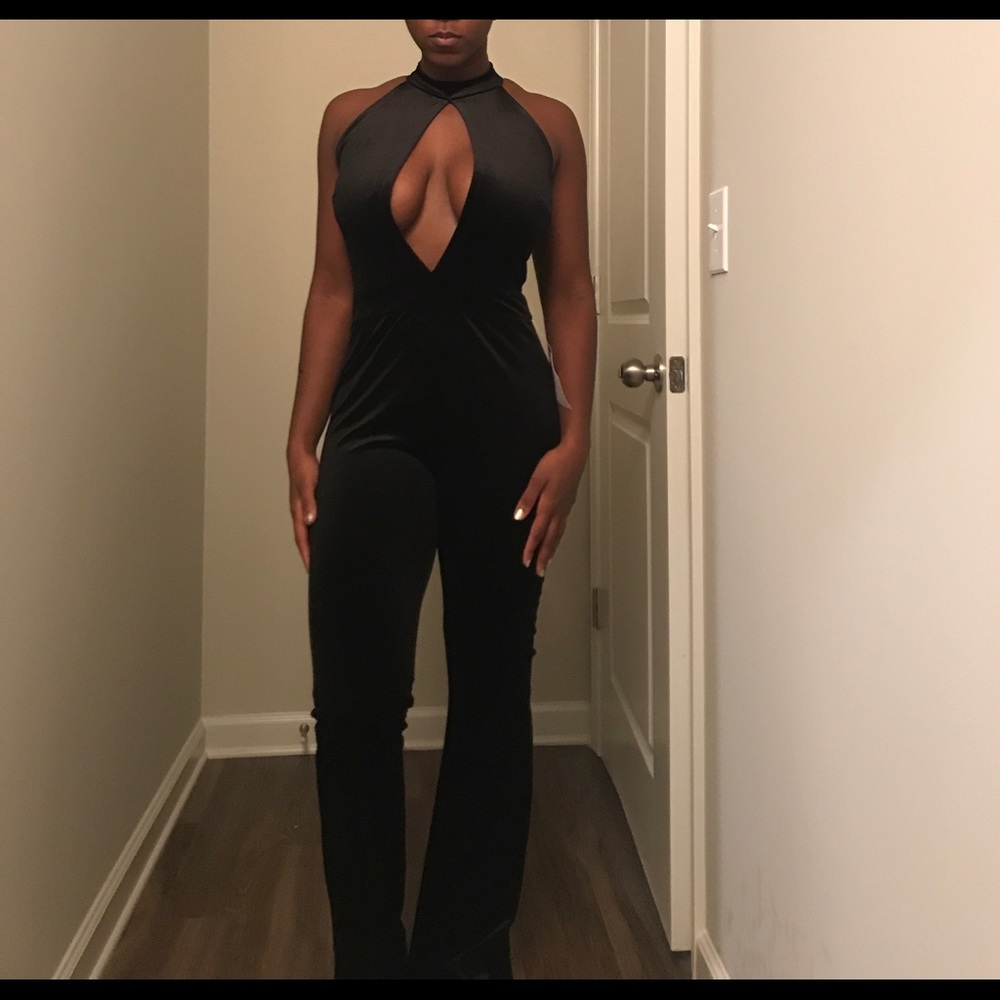 Black Velvet Jumpsuit with Front Peek