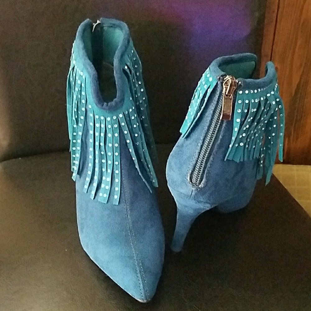 Turquoise Booties with diamond studded fringe