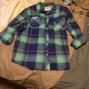 Blue and pink plaid button up shirt
