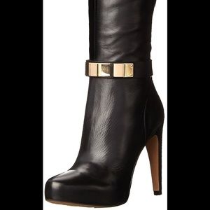 Black Leather High Heel Boot w/ Gold Plate