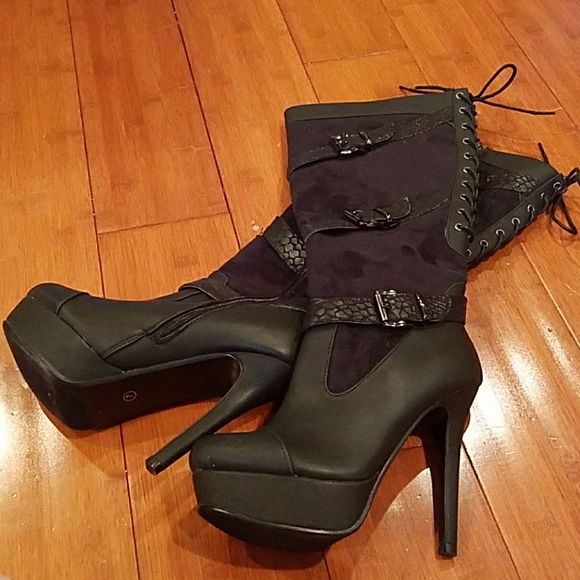 2 Lips Too Shoes - Black Leather & Suede Knee High Boots