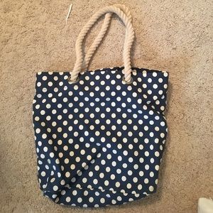 blue and white polka dot  bag