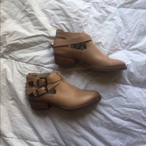 Tan booties with cutouts, buckles, & back zip