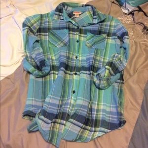 Blue and green plaid button up shirt
