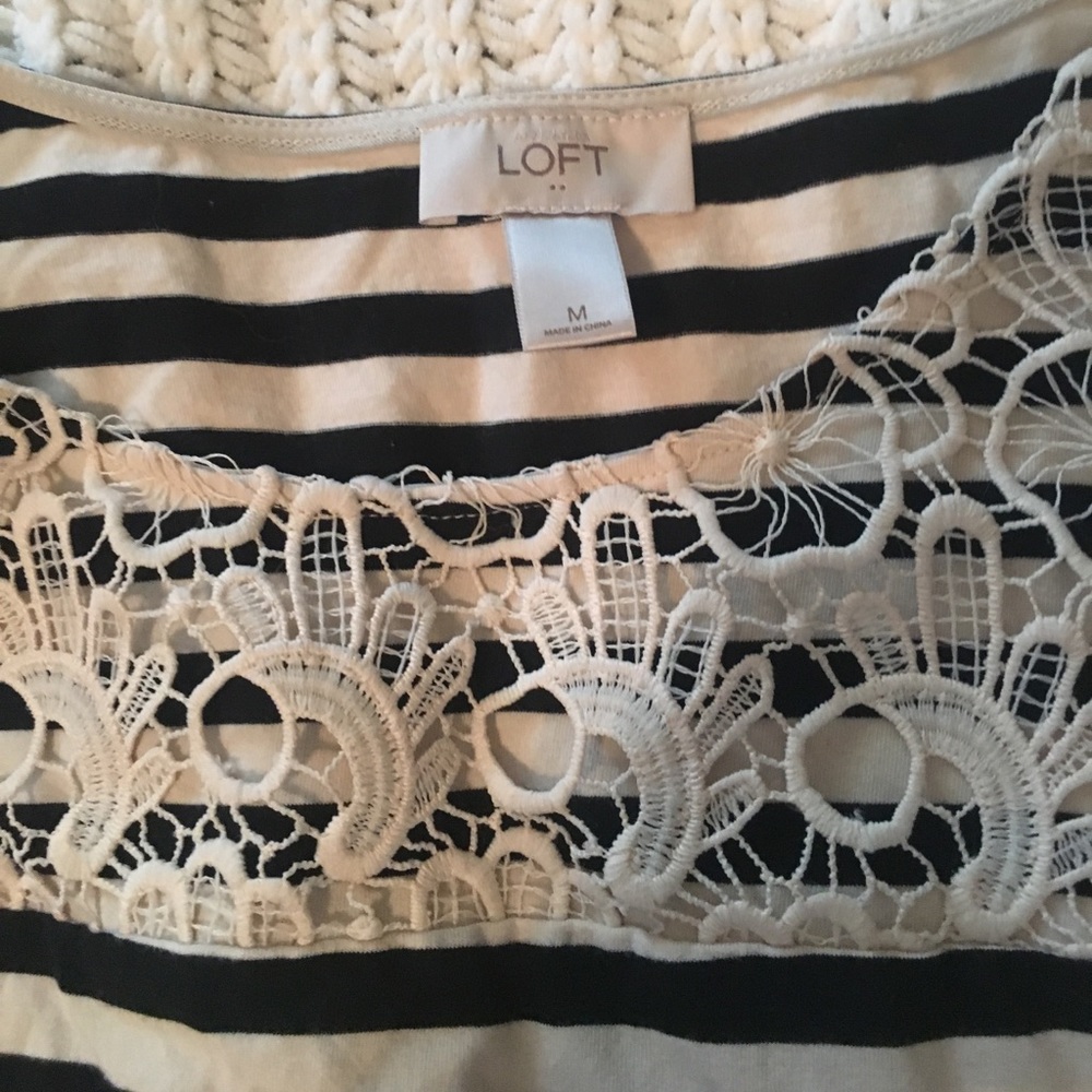 LOFT Black/white striped dress with lace neck line