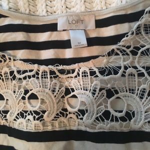 LOFT Black/white striped dress with lace neck line