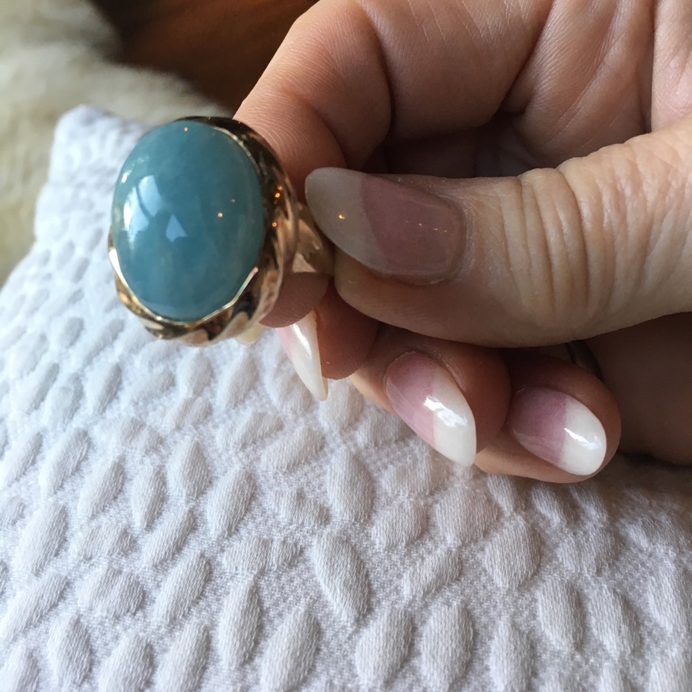 Aqua quartzite 14 K technibond ring
