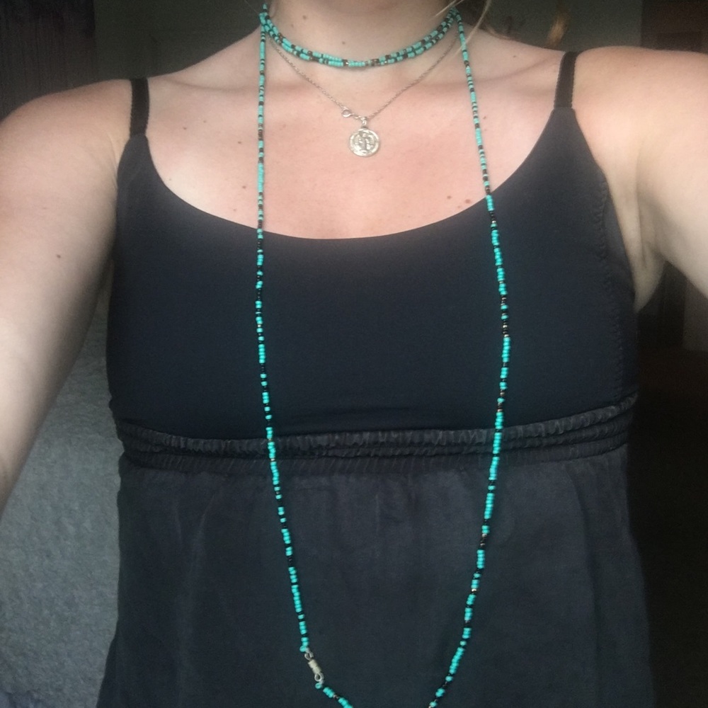 Blue black and gold wrap beaded necklace