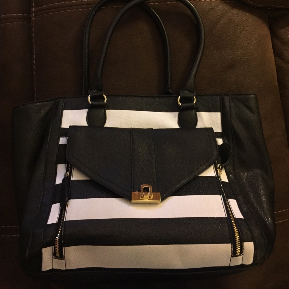 White and black striped purse