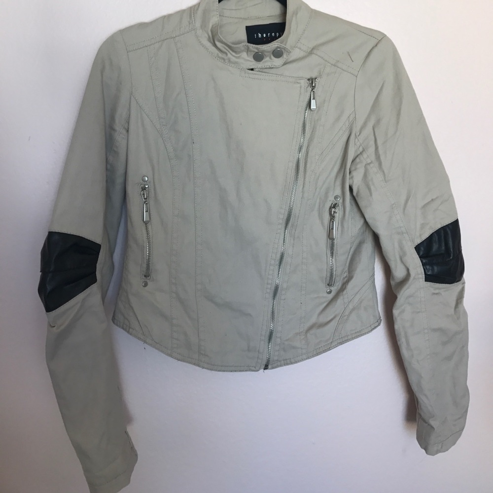 Tan cropped biker jacket w/ leather elbow patches