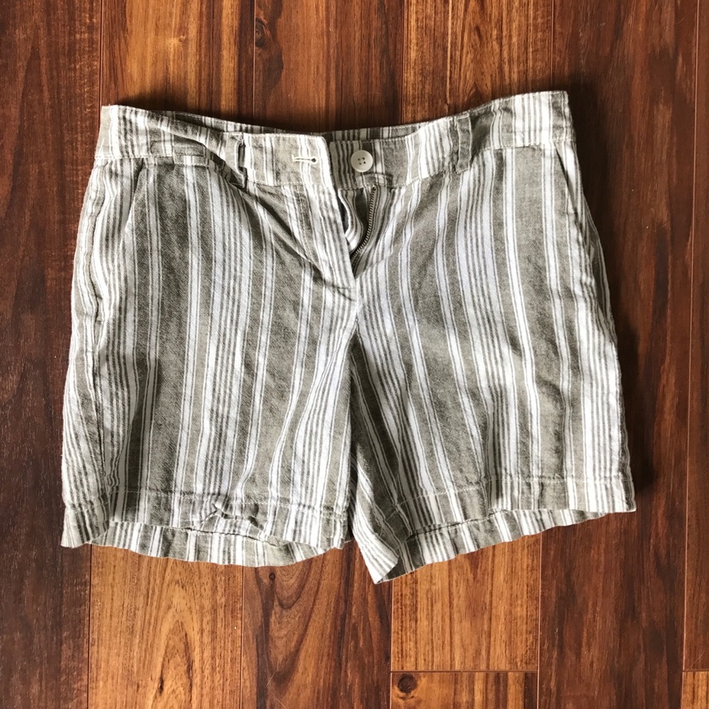Gray and white striped shorts.