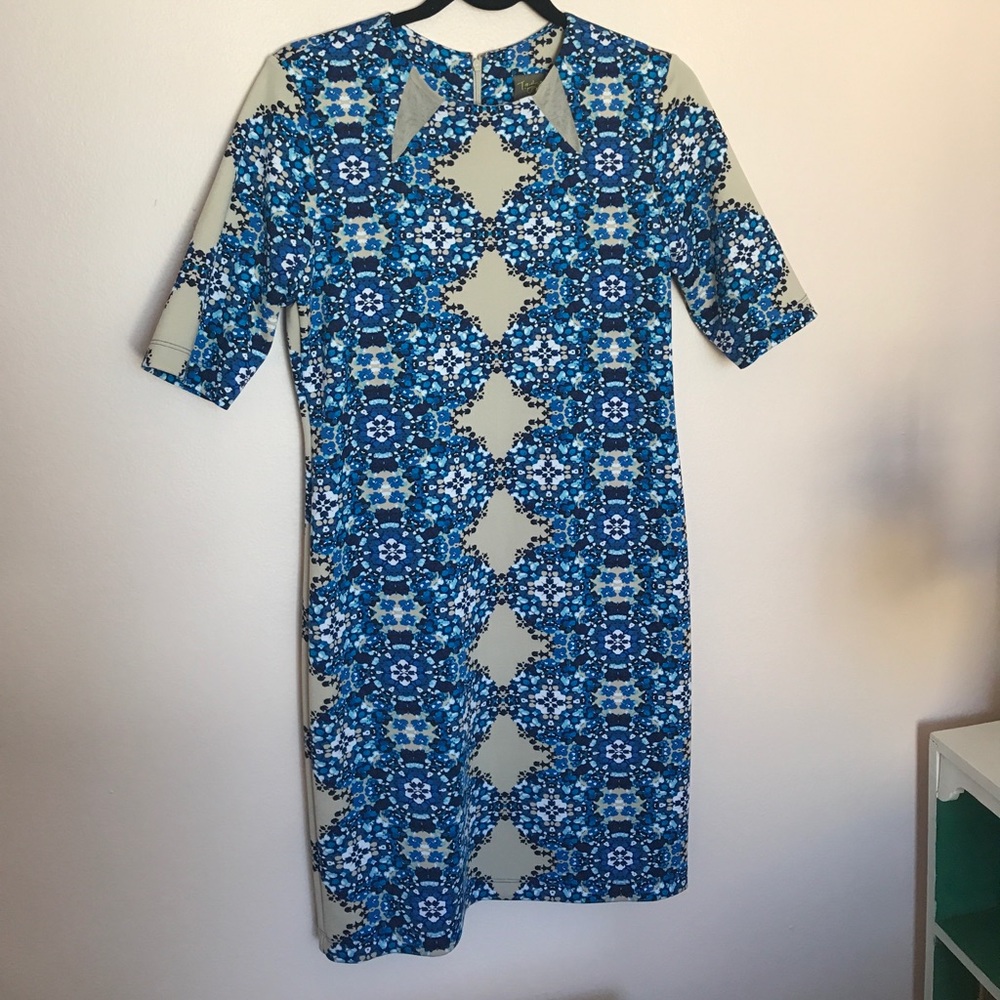 Blue and tan graphic print bodycon dress