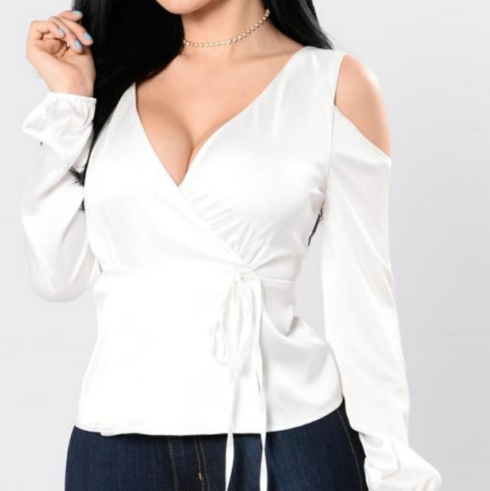 FashionNova white long sleeve cut out shoulder top
