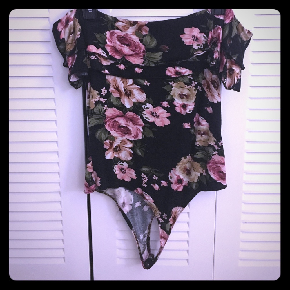 Off the shoulders, Black Floral Bodysuit
