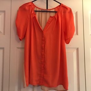 Coral and Tan Flowy Short Sleeved Blouse Size M