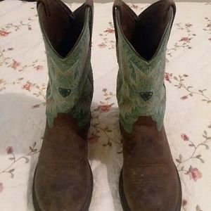 Brown and green boots