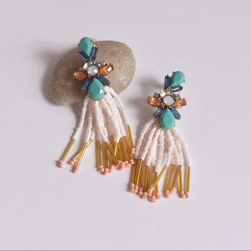 Aqua Glass Statement Tassel Earrings