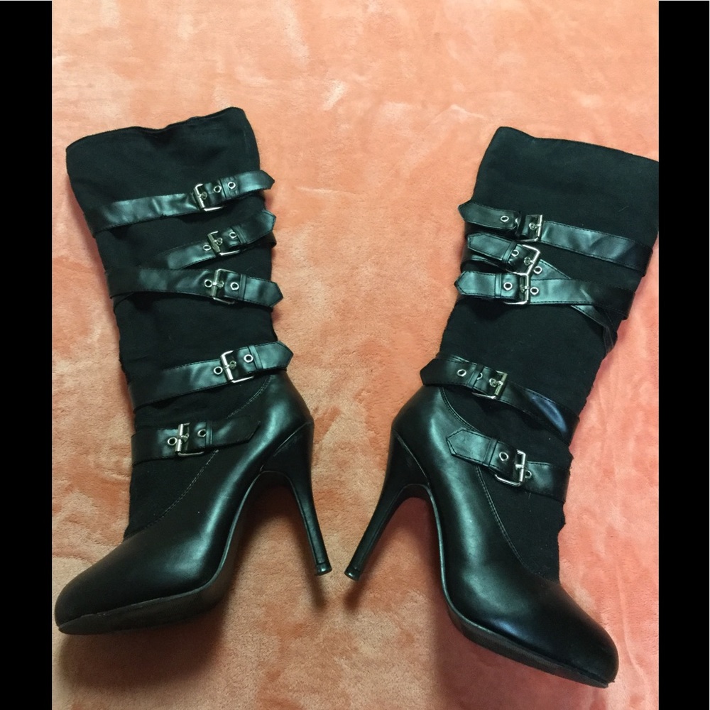Leather Strap Stiletto Knee Boots