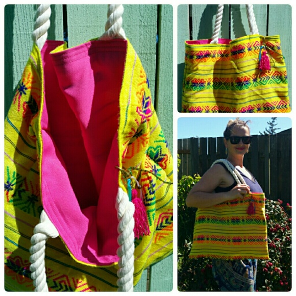La Paso Bien Yellow Boho Beach Tote Bag - Picture 2 of 4