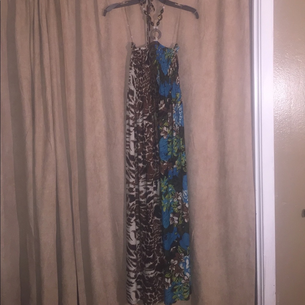 Blue, Brown, & Cream Maxi Dress by Petite Magic