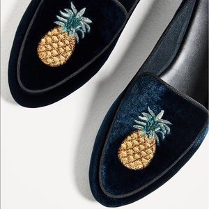 Zara Flat Velvet Shoes with Embroidered Pineapple