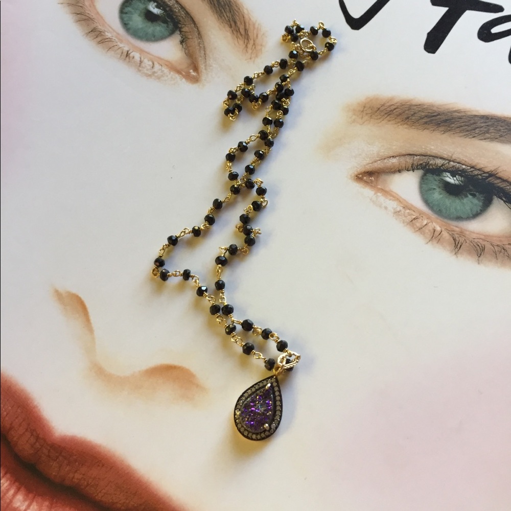 Onyx chain w purple Druzy necklace