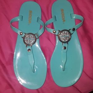 Nwot Aqua blue and gold tone sandals sz 8