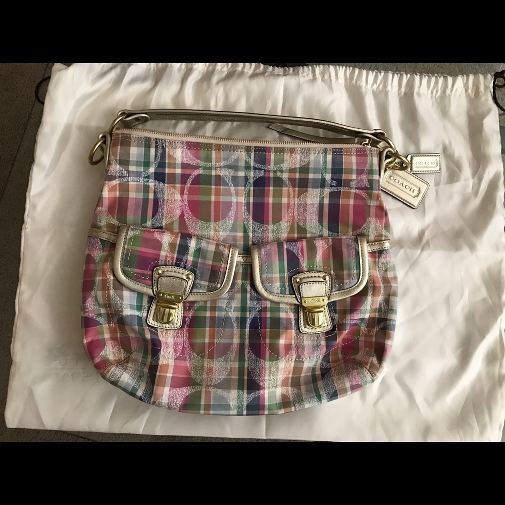 Coach Large Plaid Purse with Metallic Accents