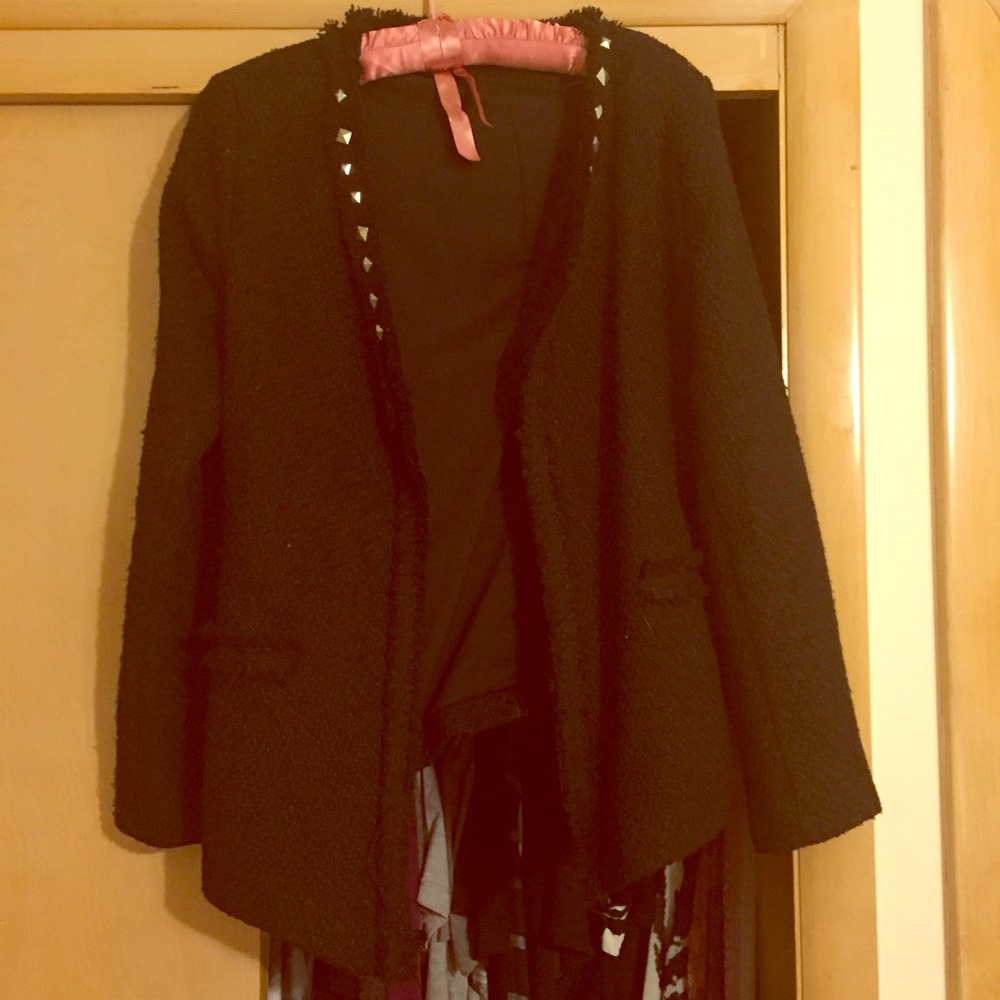 Open front studded tweed blazer