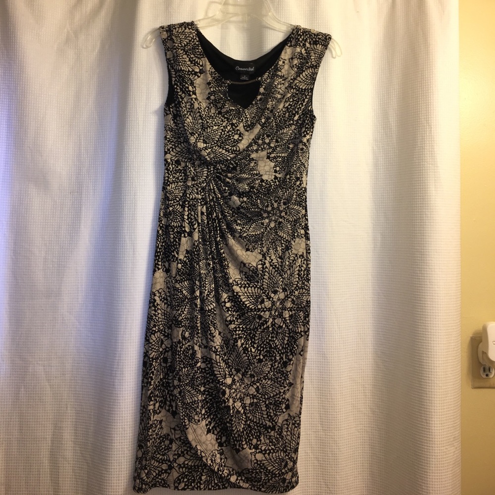 Beige and Black Patterned Faux Wrap Dress