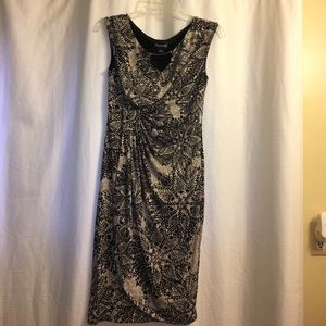 Beige and Black Patterned Faux Wrap Dress