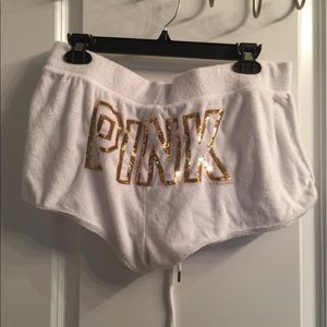 White and Gold Sequined Pink VS terry cloth shorts