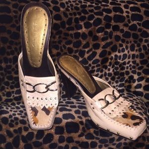BCBGirls square toe mules w pony hair leopard