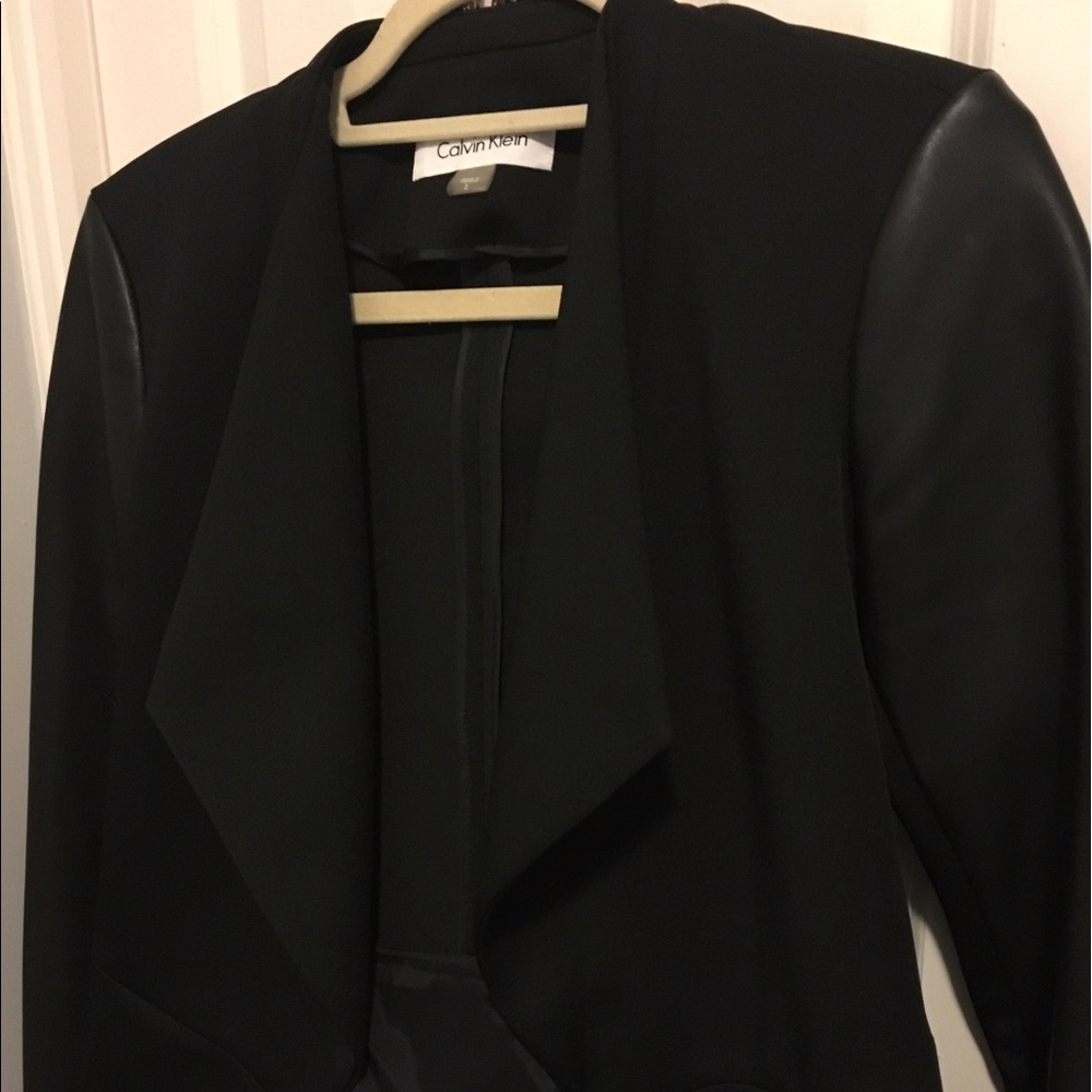 Calvin Klein Faux Leather Sleeve Open Drape Jacket
