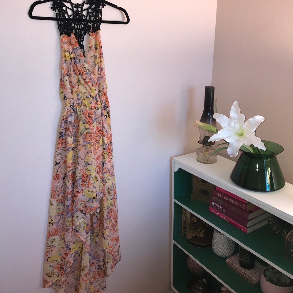Floral high low sundress with lace racerback