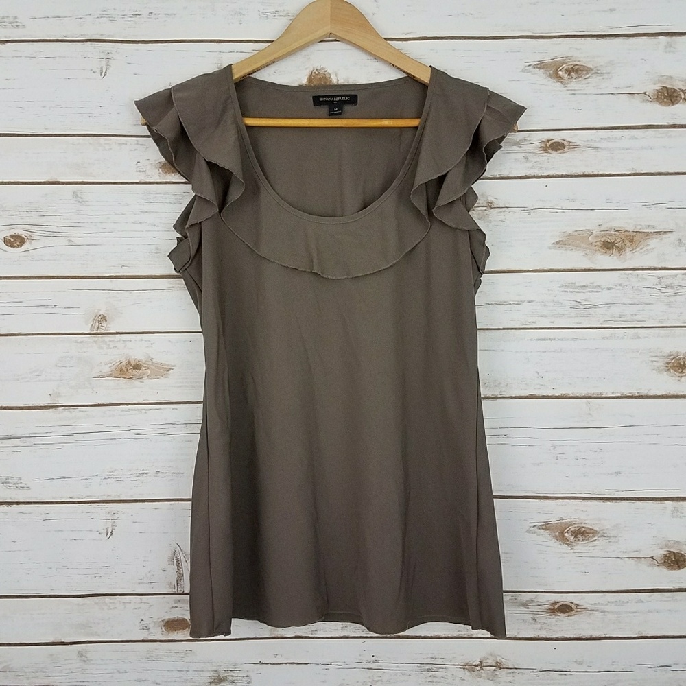 {Banana Republic} Brown Ruffle Neck/Sleeve Top-Med