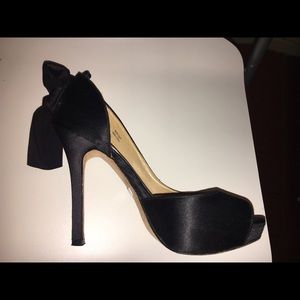 High Black Satin Heels w Bows & (opt.) Ankle Strap