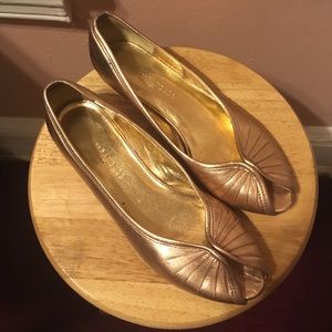 Rose gold peep toe flats